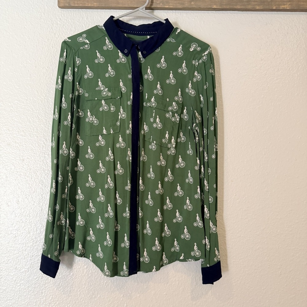 Maeve Blouse Womens 6 Green Novelty Bicycle Print Button Front Long Sleeve Top